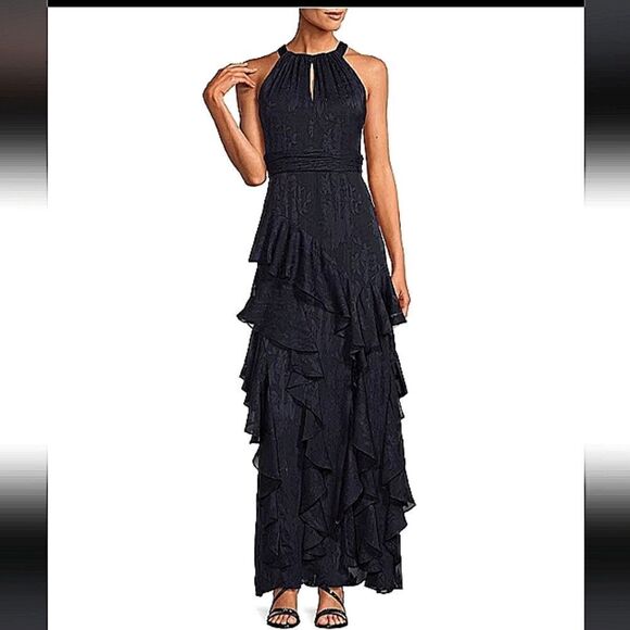 XSCAPE Navy Ruffled Tiered Shimmering Metallic Halter Gown NWT - Picture 1 of 16